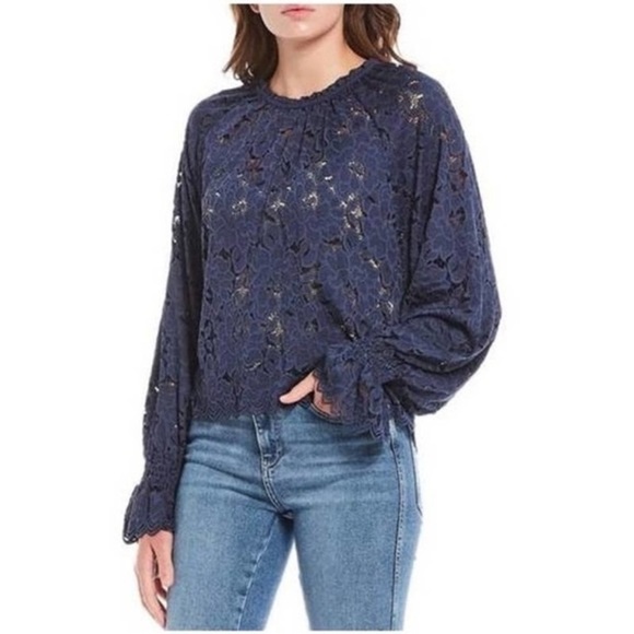 FREE PEOPLE oversized romantic‎ blue puff sleeve Lace Top SizeM  castlecore - Picture 1 of 8